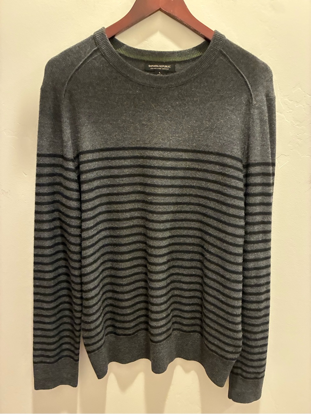 Banana Republic Men’s Charcoal and Black Striped Crewneck Sweater L